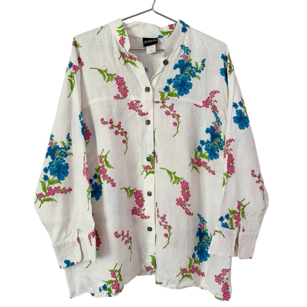 20 South 100% Linen Button Front Floral Long Sleeve Blouse Womens 1X